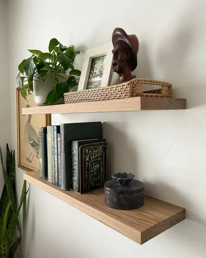 Wooden Floating Shelves Lined With Pothos, Spider Plants and Succulents