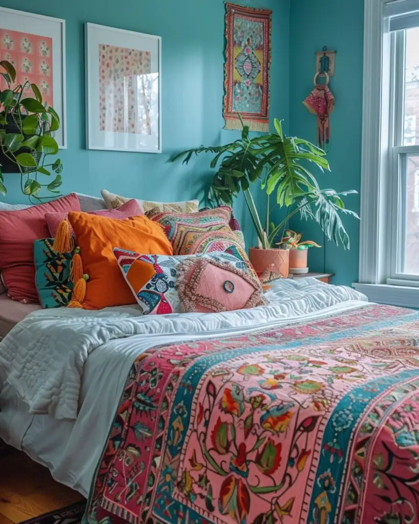 Floral bedspread, colorful pillows, blue walls, bed by window, leafy plant