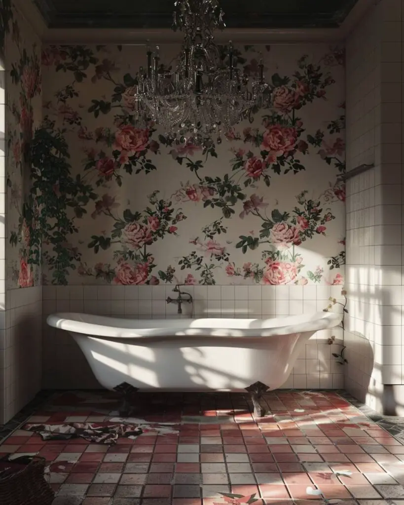 Vintage powder room bathed in floral charm and hex tiles.