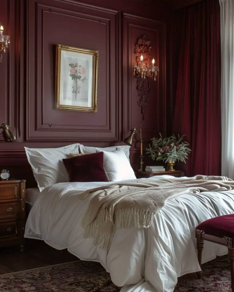 Red walls frame billowing white bedding adorned with blooms 