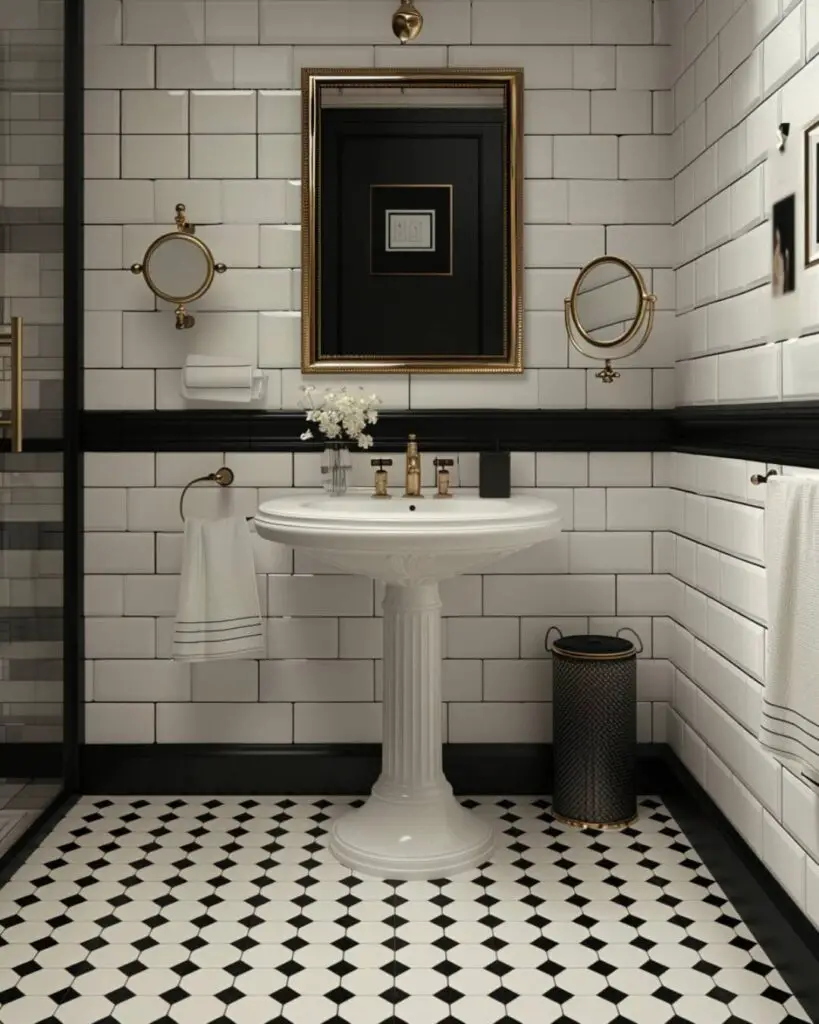 Vintage powder room calm in hex tiles and light.