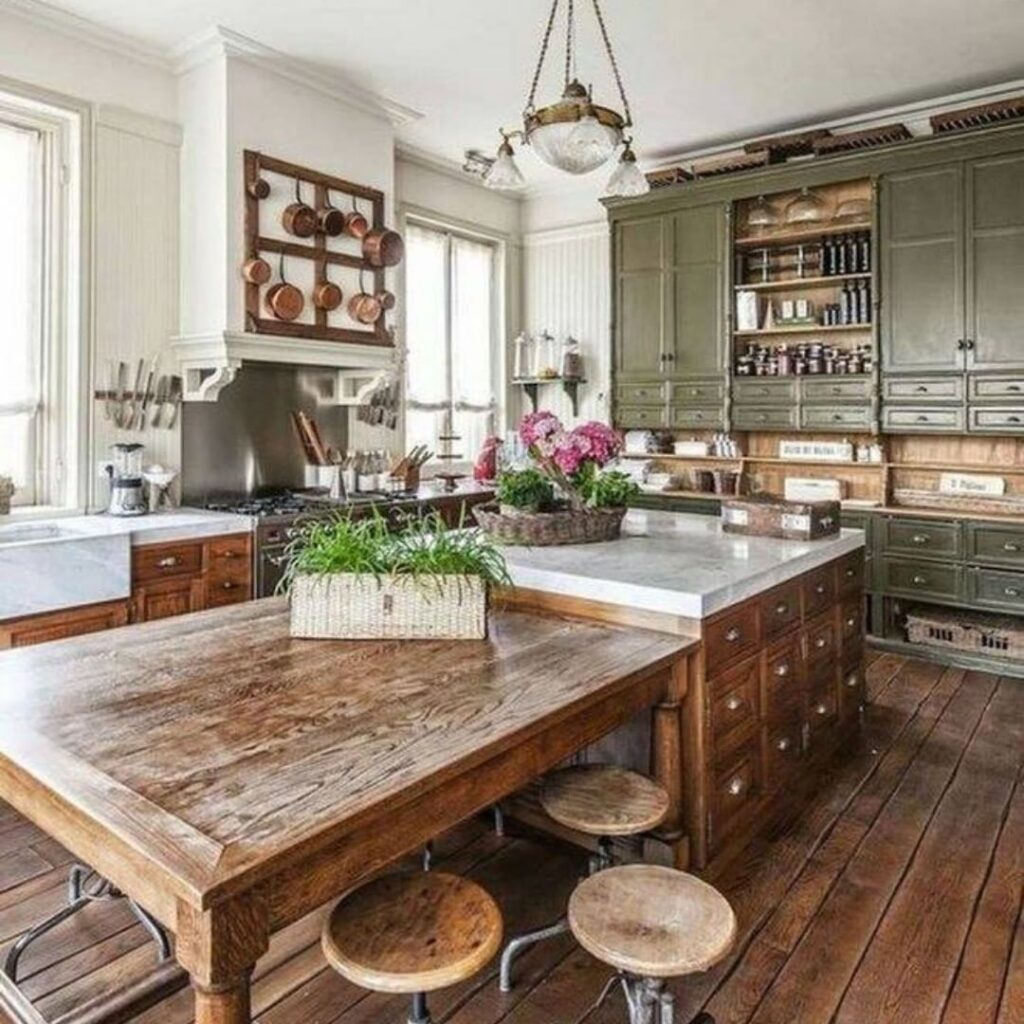-Kitchen with wooden floors and white cabinets