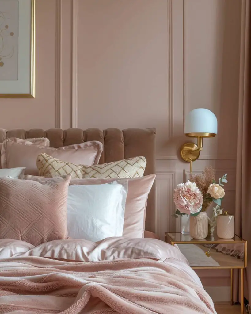 Pink walls, pale yellow bed, floral decor