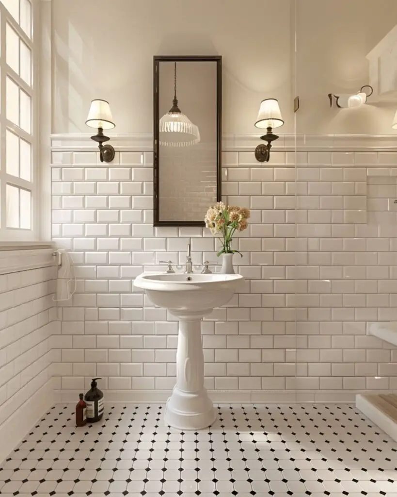Vintage powder room sanctuary in floral tiles and light