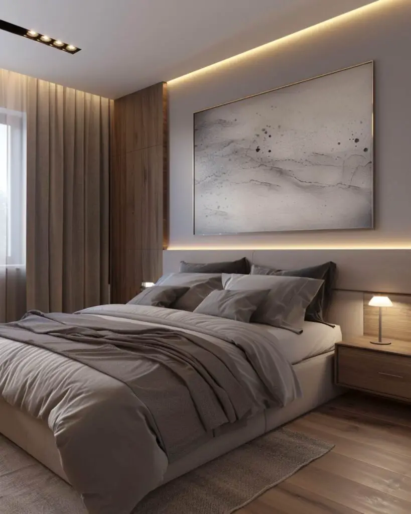 Modern bedroom with abstract art and reading nook