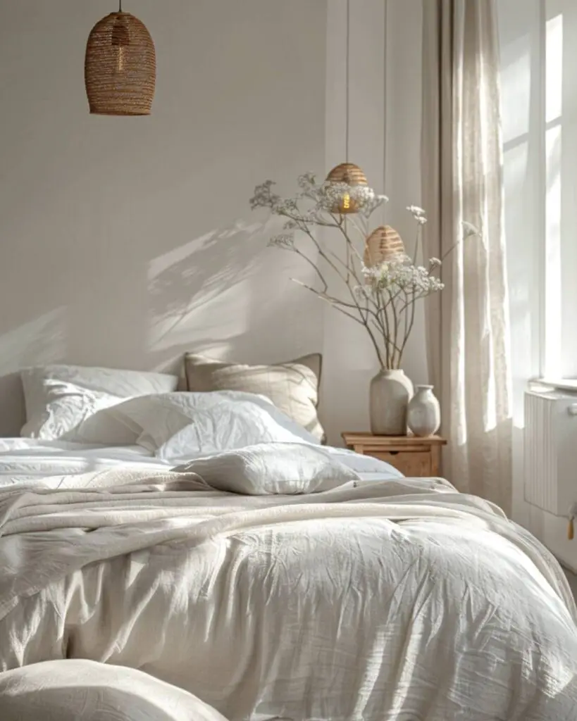 Grey walls, white bedding, nightstand, wall hanging, window