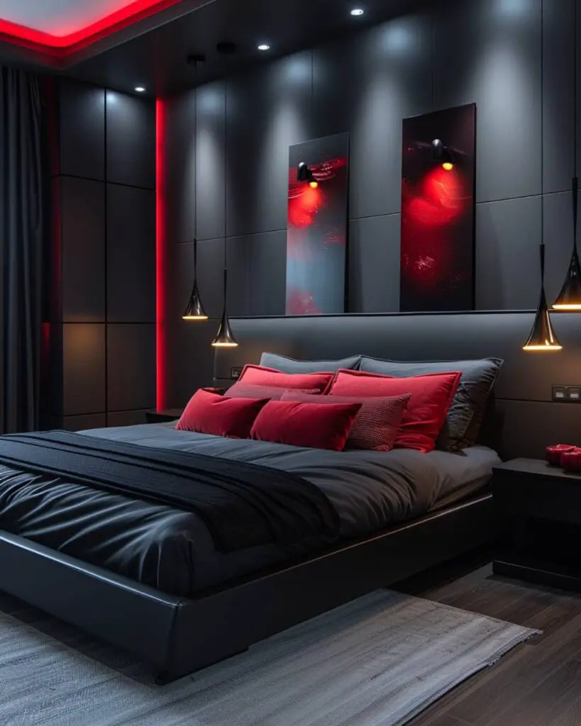  Dark bedroom, red bed, black art, sliding barn doors