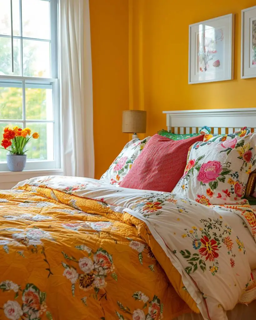 Yellow walls, floral bedspread, greenery, red vase, orange pillows
