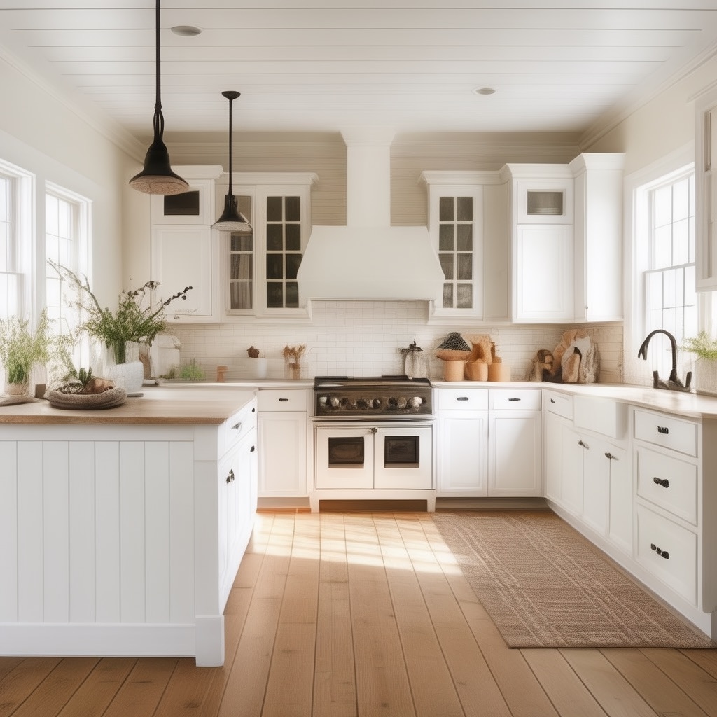 A pristine white kitchen with wooden floors and cabinets