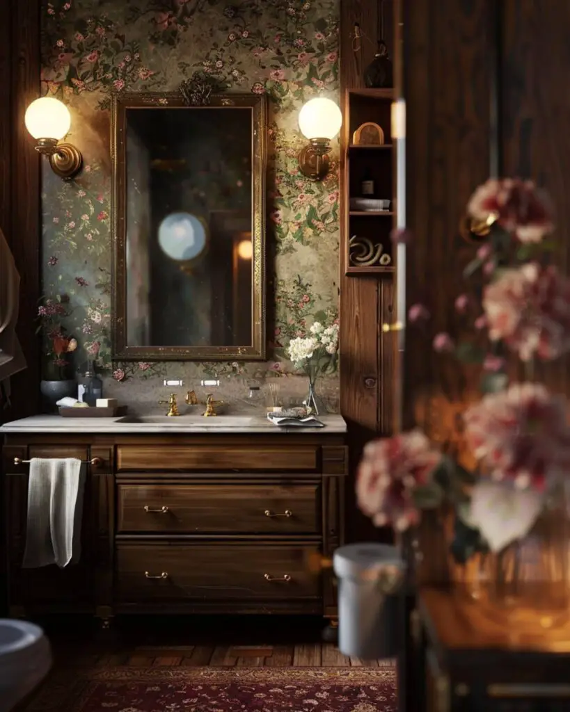 Vintage powder room calm in floral tiles and light.