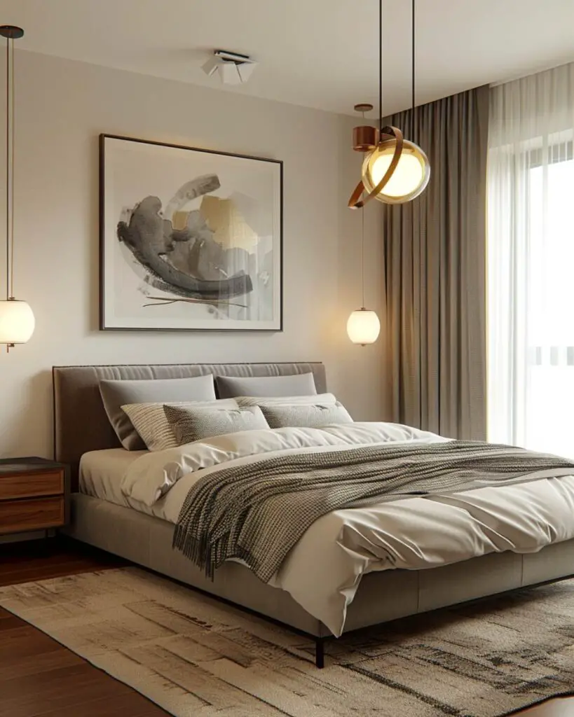 Modern bedroom anchored by plush king bed and artwork