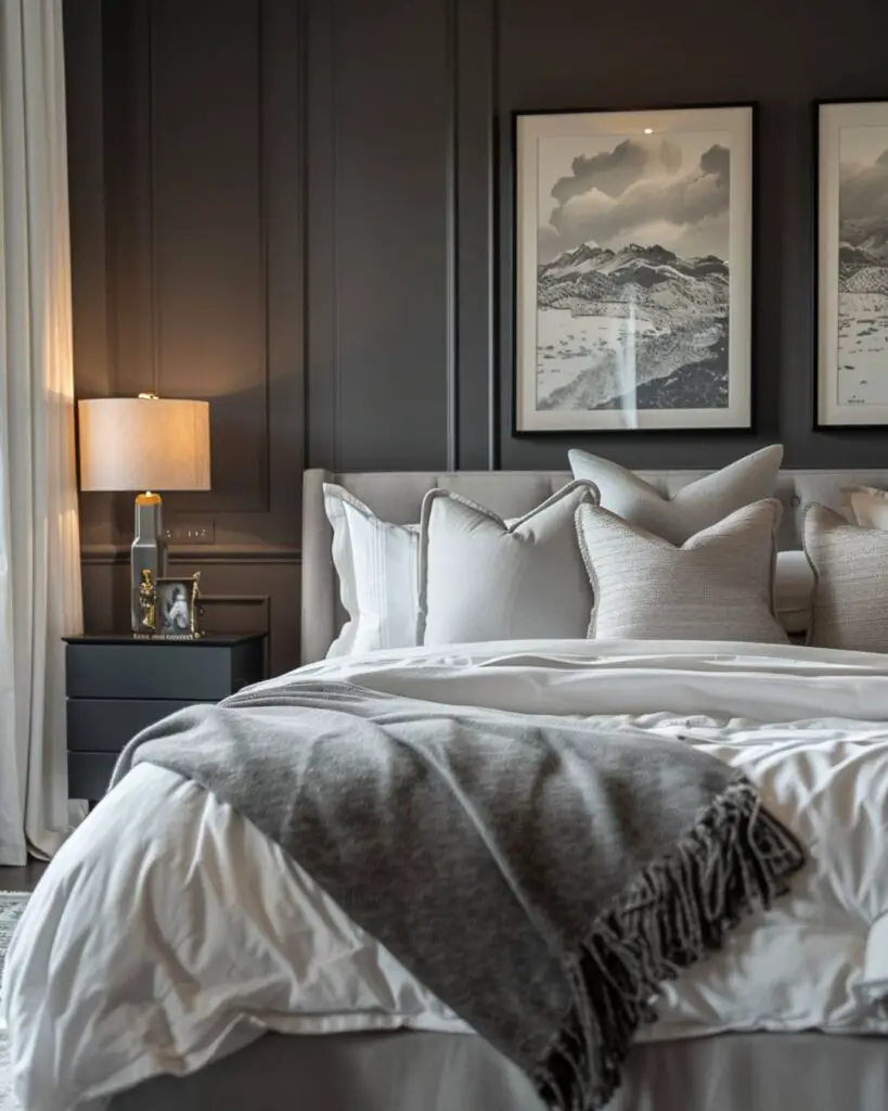 Black walls hold a grey bed adorned with oasis