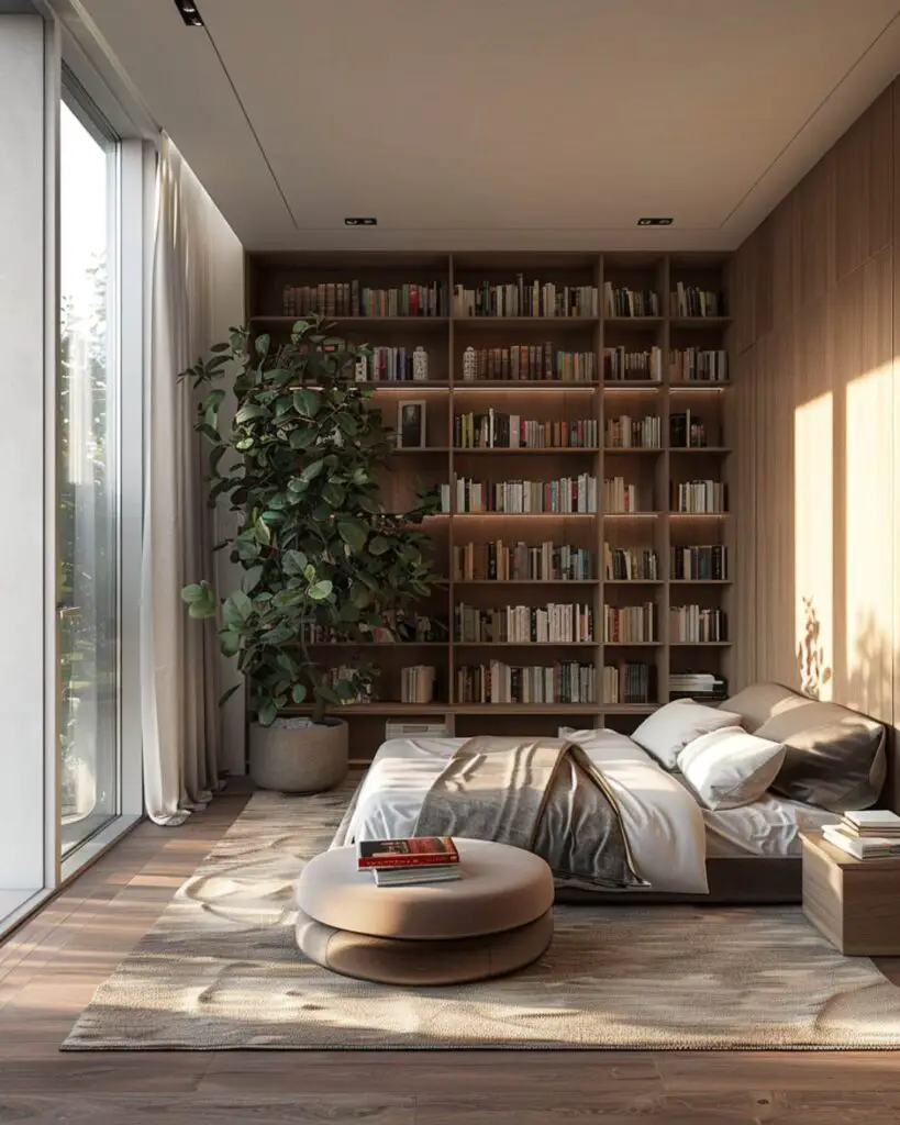 Modern bedroom design with bookshelf