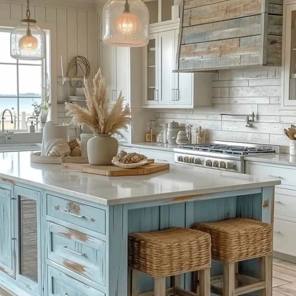 A kitchen with blue cabinets and wooden stools.