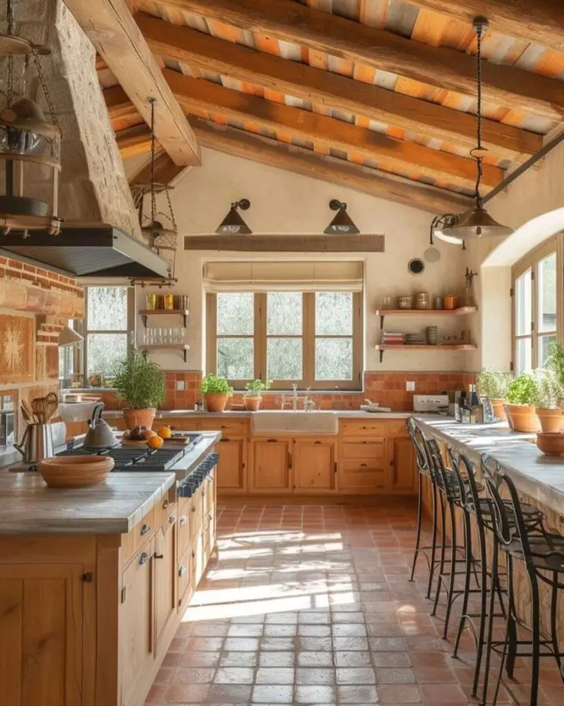 A kitchen with wooden beams and a large island