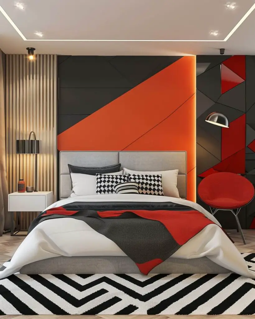 Modern bedroom in tranquil gray tones with red accents