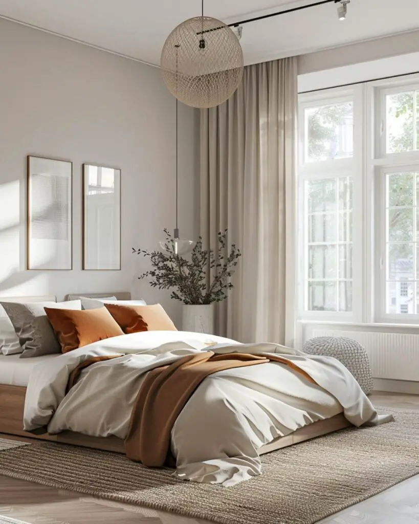 Neutral bedroom featuring woven light