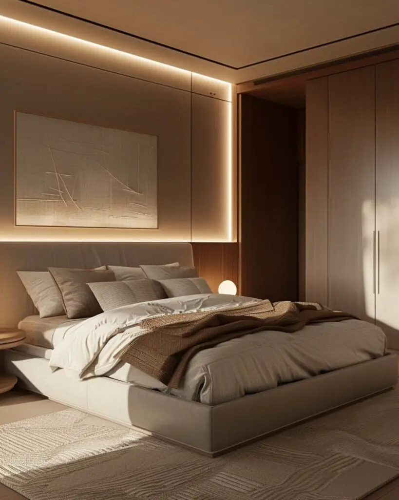 Modern bedroom featuring wood shelves