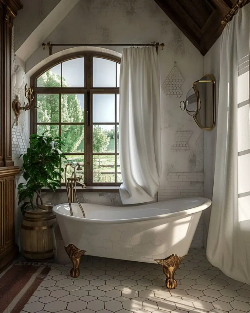 Vintage bathroom sanctuary with hex tile and clawfoot tub