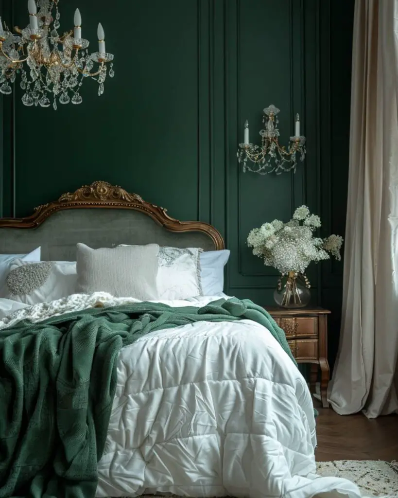 Green walls, white bedding, mirror, sheers, white vase on wood table