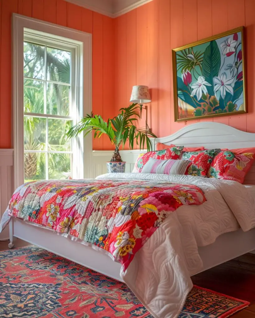 Orange walls showcase white bedding and floral touches beside a window