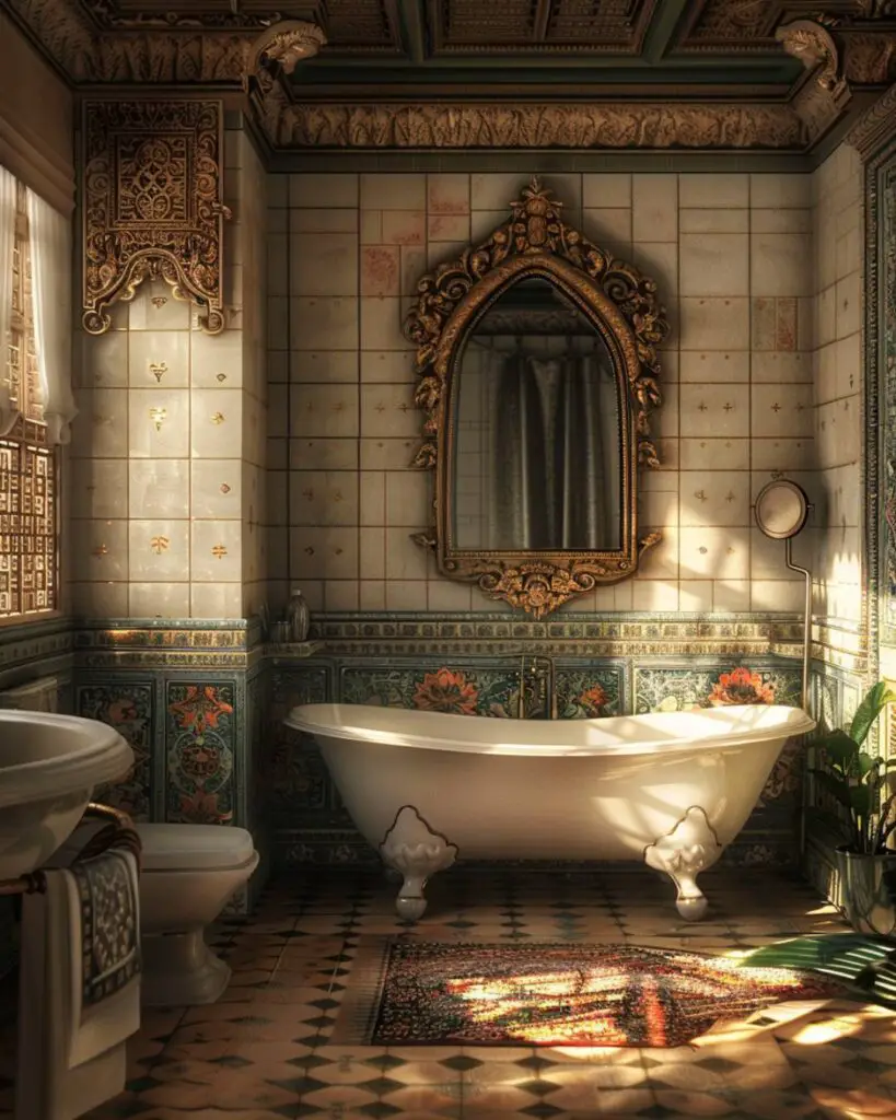 Vintage powder room sanctuary in floral tiles and harmony.