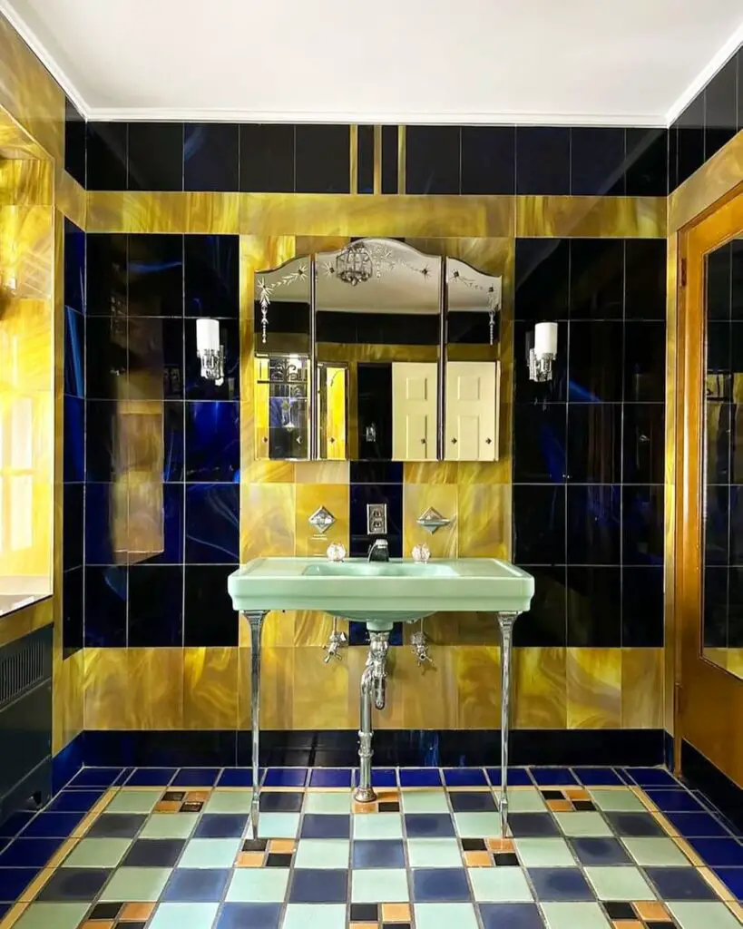 Colorful vintage bathroom gold black tiles