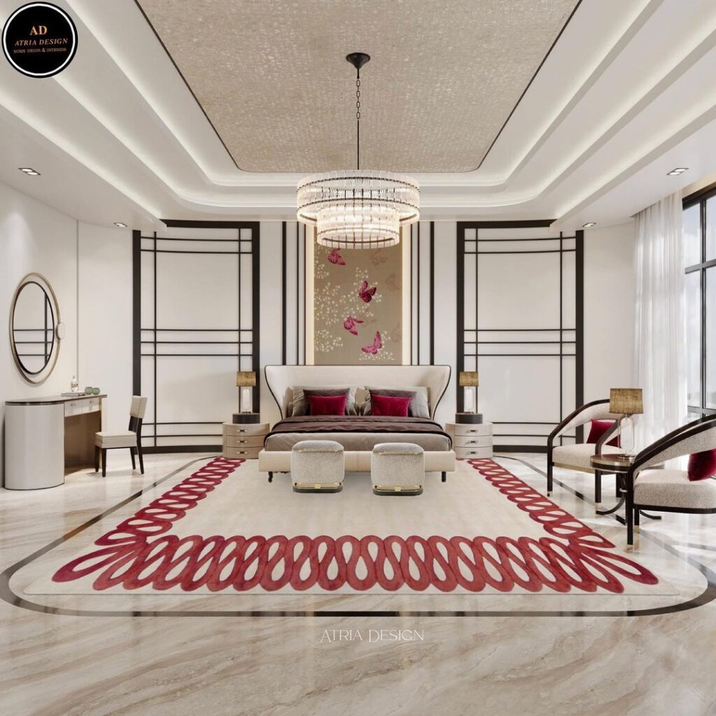 Luxurious Asian-inspired bedroom with red rug