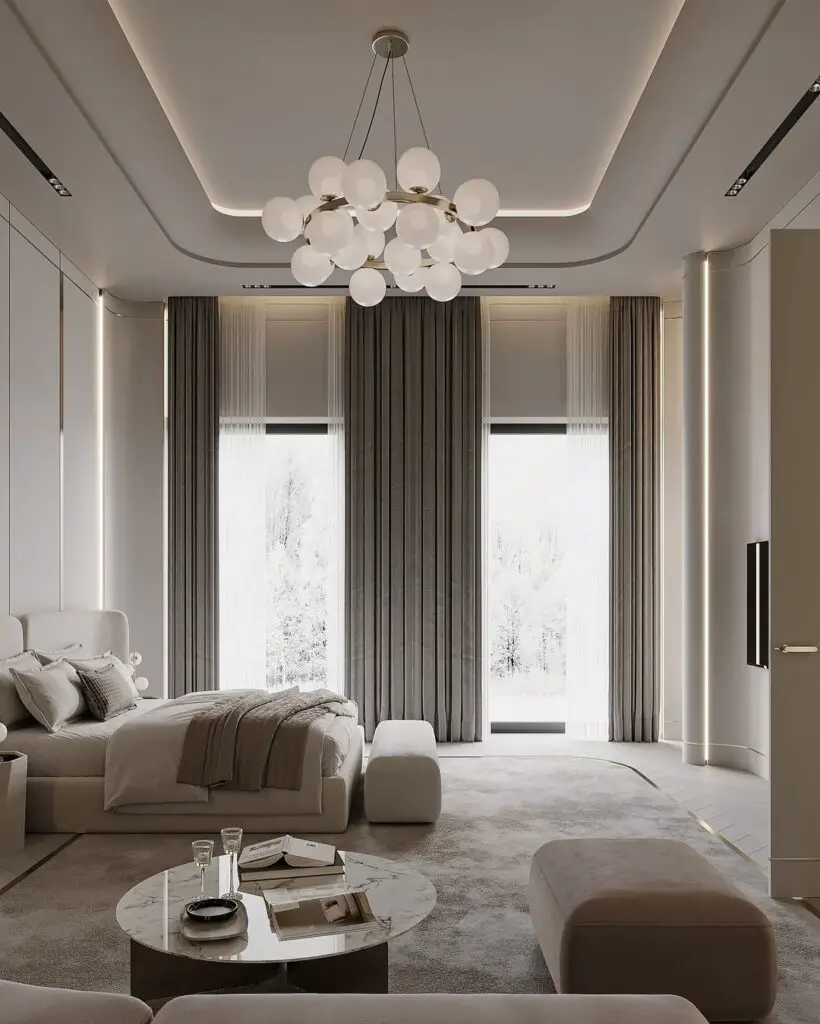  Luxurious bedroom with bubble chandelier and large windows