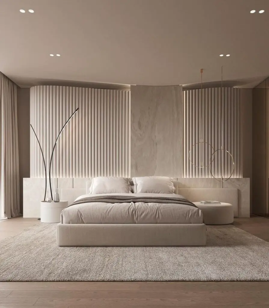 Modern beige bedroom with textured wall panels
