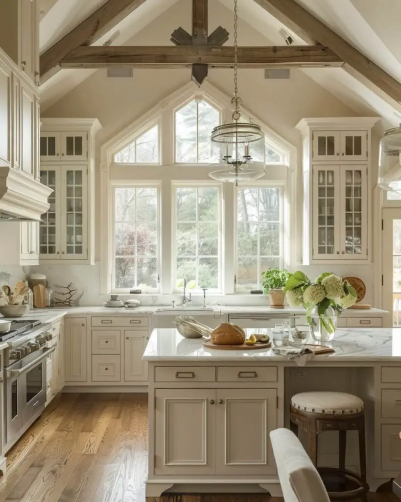 Vaulted ceiling bright farmhouse kitchen island