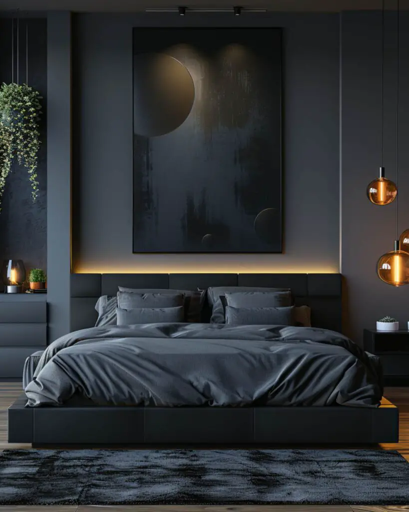Dark bedroom with moon artwork and warm lighting