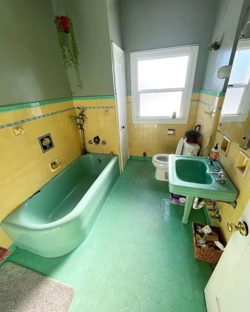 Vintage bathroom mint fixtures yellow tiles