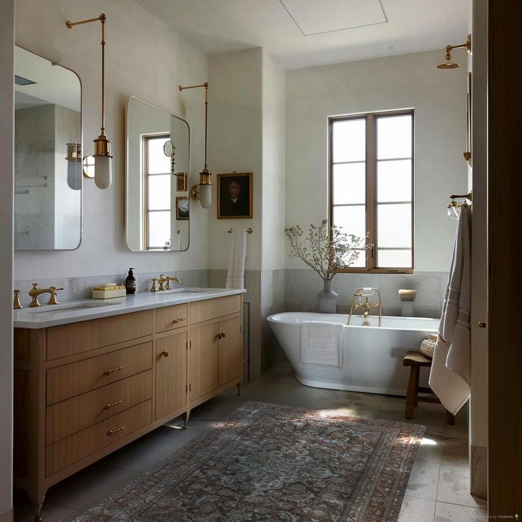 Vintage bathroom with wood vanity and tub