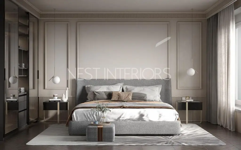 Elegant bedroom with molded walls, modern touches