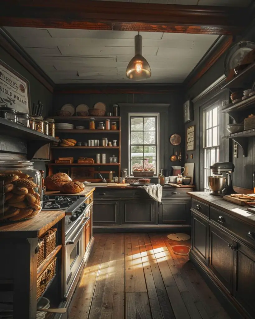 Dark rustic kitchen bread baking haven