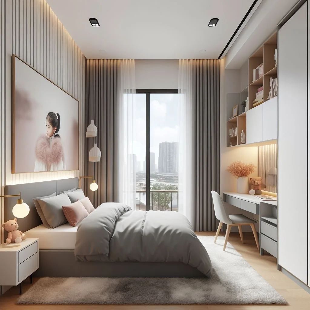 Modern bedroom with city view and built-in desk