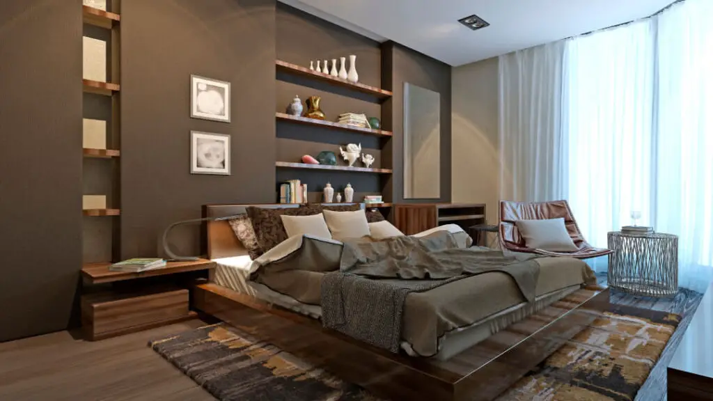 Cozy bedroom with built-in wooden shelves