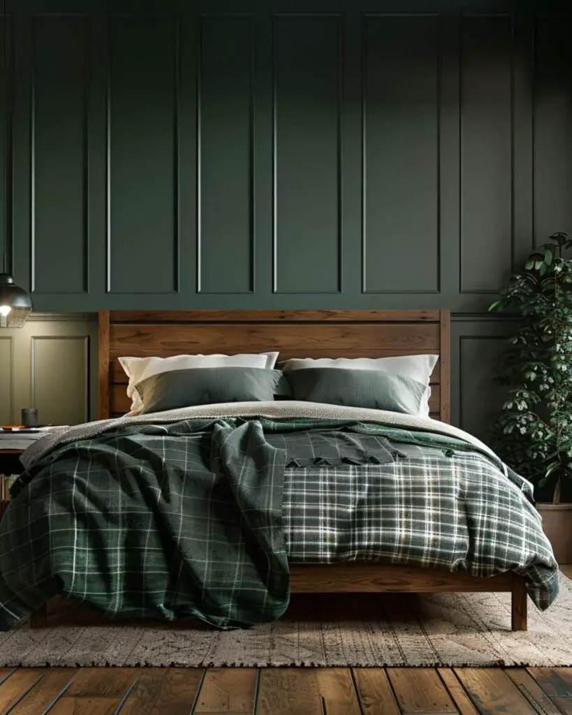 Green bedroom with plaid bedding and wood accents