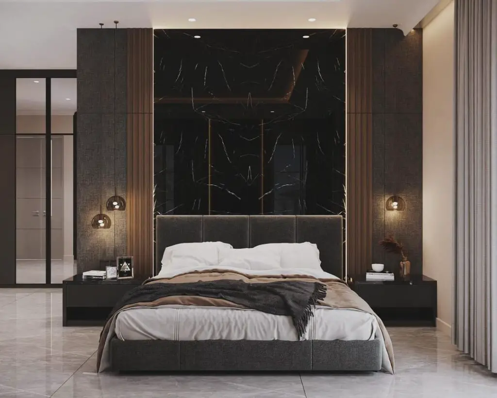 Bedroom with black marble feature wall