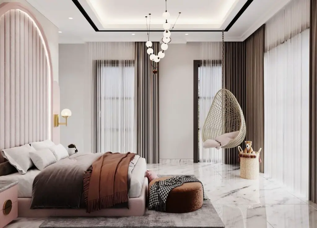 Pink bedroom with marble floors, hanging chair