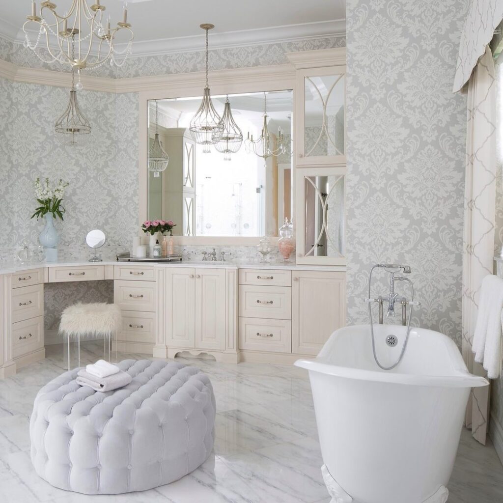 Luxurious white bathroom with patterned walls
