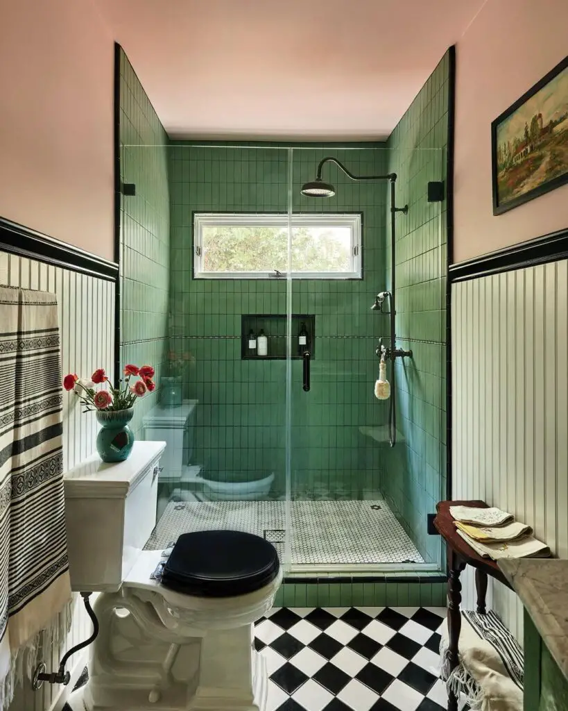 Green tile shower vintage bathroom checkered floor