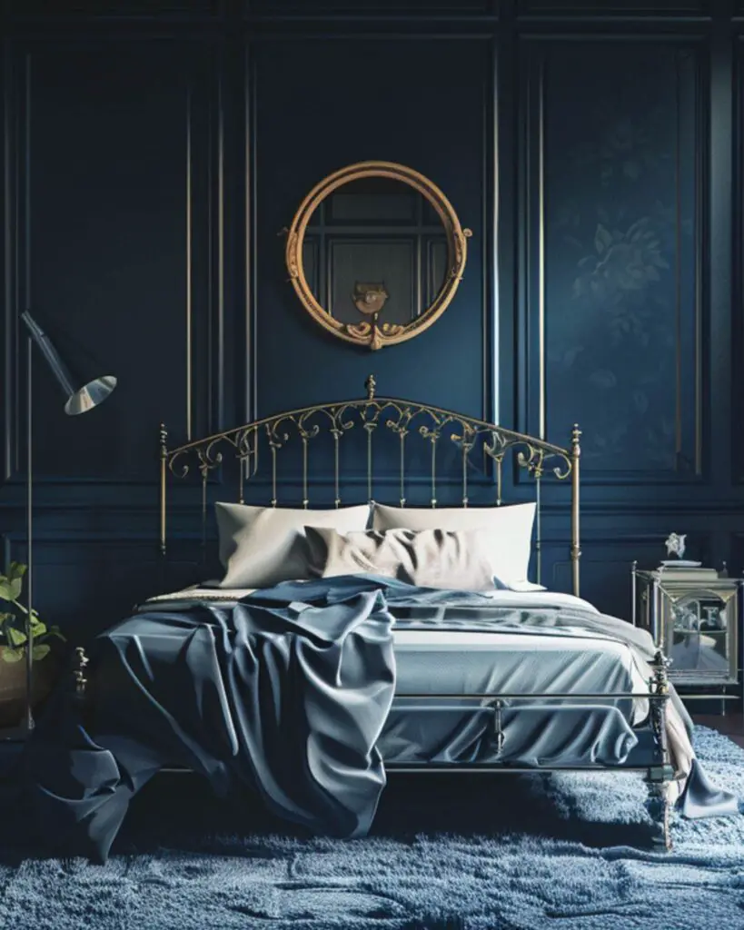 Elegant blue bedroom with gold-framed bed and round mirror