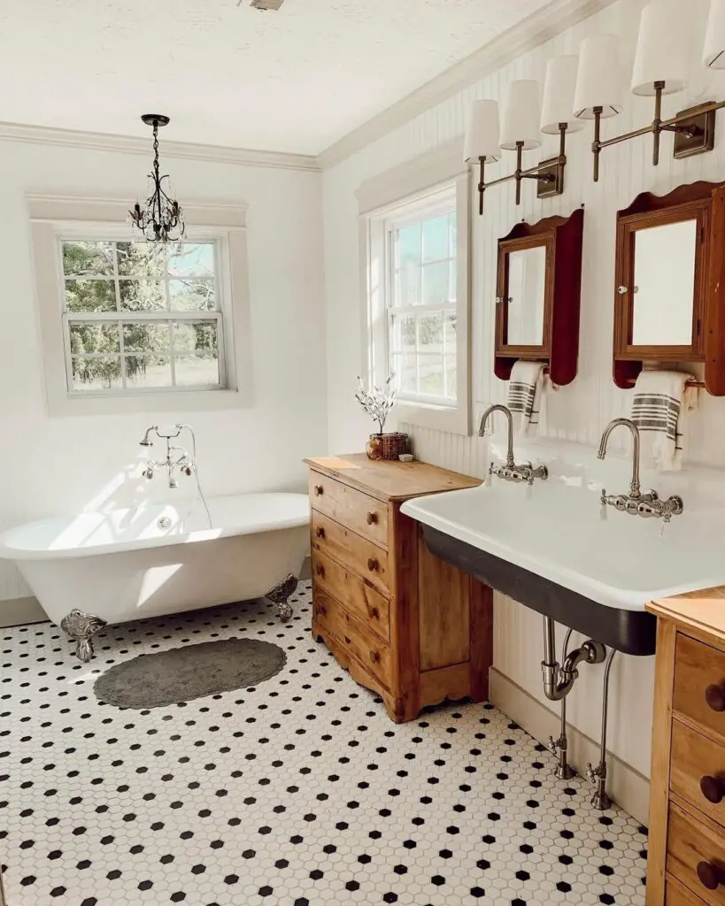 Vintage bathroom with clawfoot tub dotted floor
