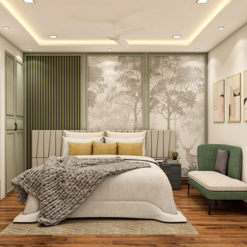 Sage green bedroom with forest mural