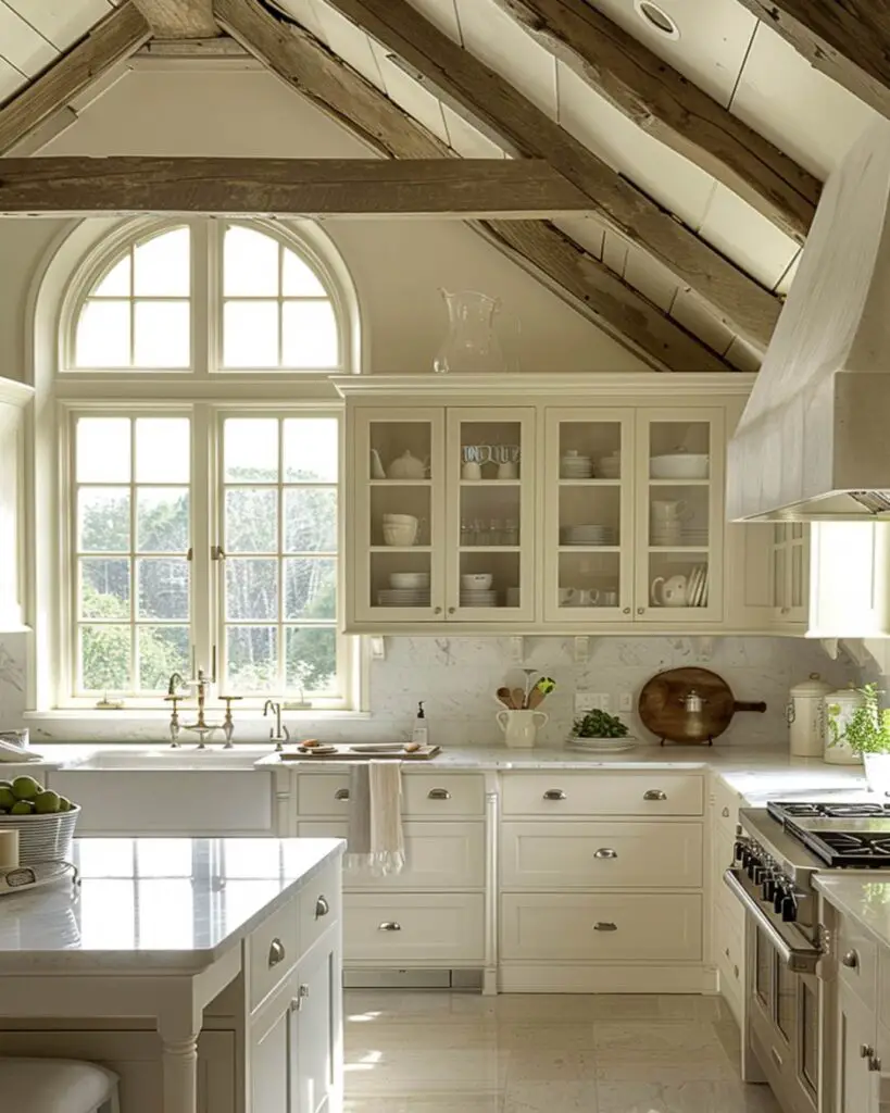 Bright attic kitchen exposed beams marble