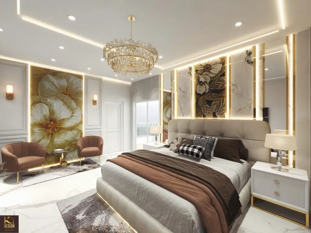 Luxurious bedroom with floral art accents