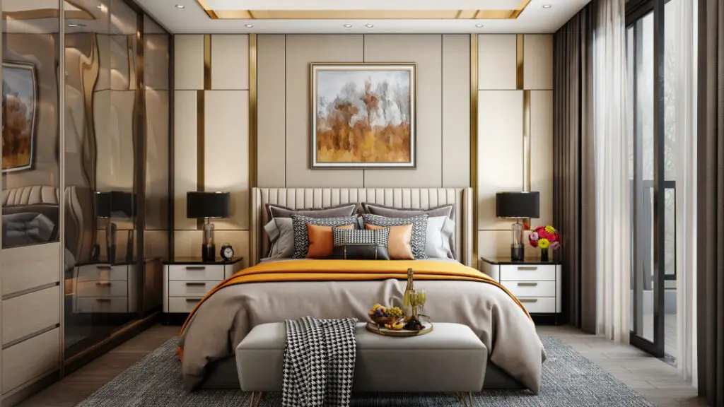 Elegant bedroom with gold-trimmed wall panels