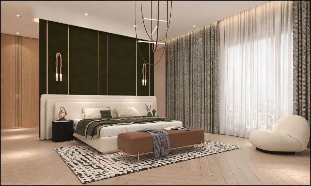 Elegant bedroom featuring green accent wall and modern decor